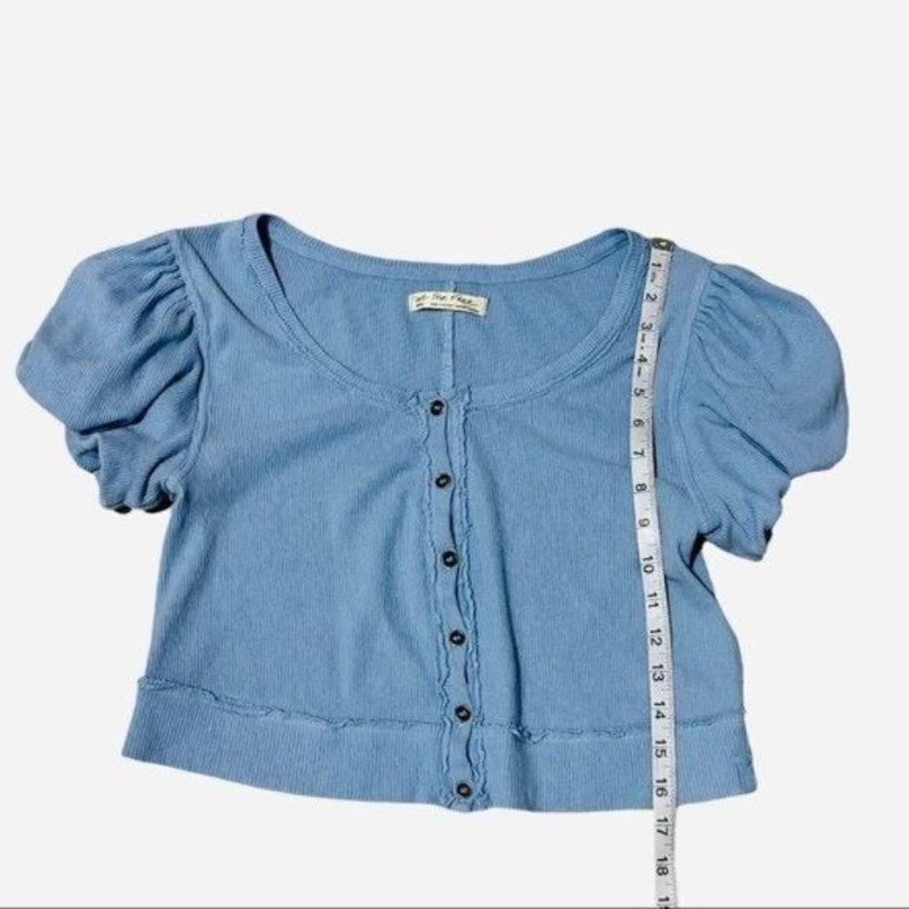 Free People We The Free Molly Ribbed Crop Top Blue Size S Puff Sleeve - Picture 7 of 10